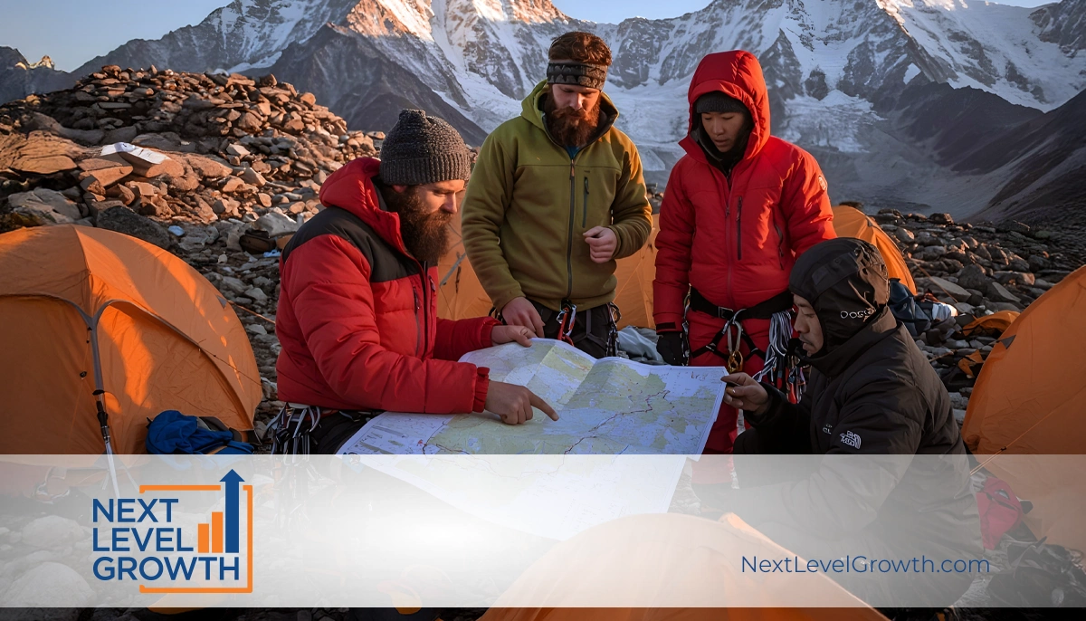 Four people in cold-weather gear examine a map at a mountain campsite with snow-covered peaks, determined to avoid ineffective meetings as they plan their ascent. Tents and climbing gear are visible around them.