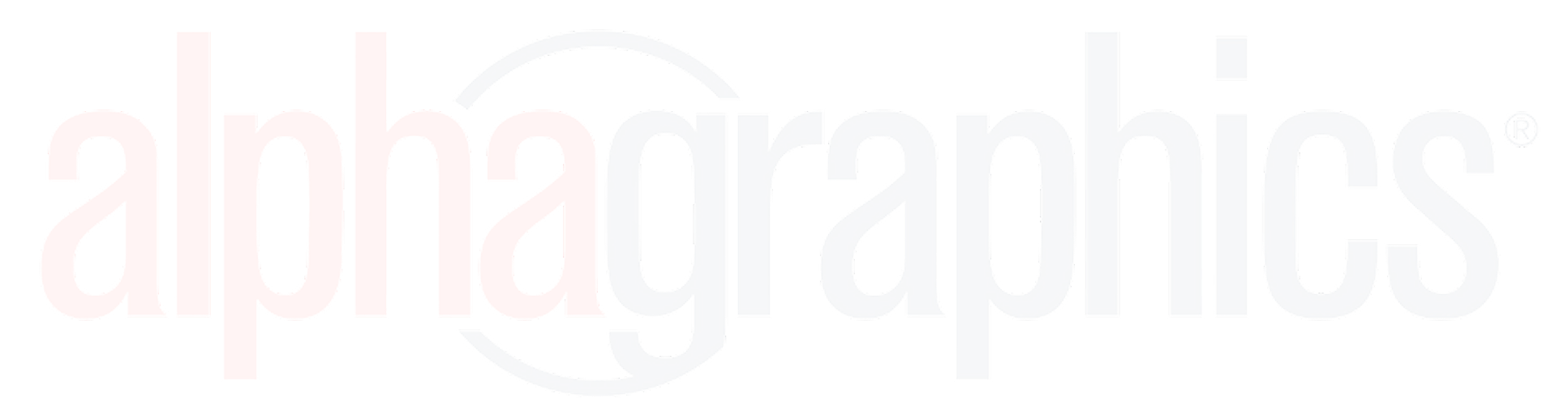 Alphagraphics logo with the word "alpha" in light red and "graphics" in gray, featuring a faint circular design behind the text&mdash;ideal for business coaches seeking a polished, professional brand identity.