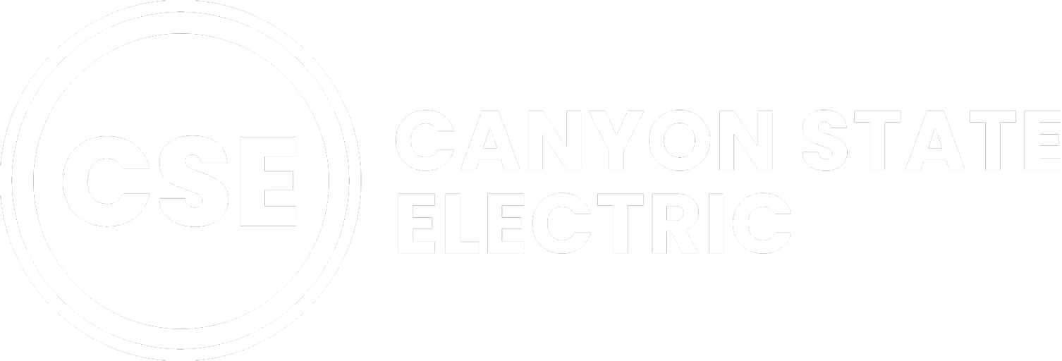 Canyon State Electric logo with "CSE" in a circle on the left and "Canyon State Electric" text to the right, all in white on a transparent background&mdash;ideal for presentations by business coaches seeking a polished look.