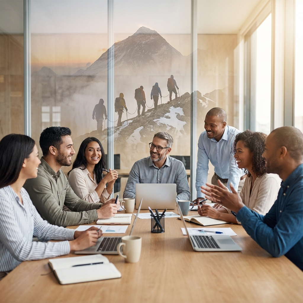 A diverse group of professionals, including business coaches, sit and stand around a conference table in an office, having a discussion, with a mountain climbing mural on the glass wall behind them.