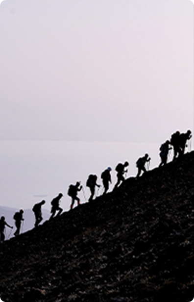 A group of hikers with backpacks and walking sticks ascend a steep, rocky slope in silhouette against a pale sky.