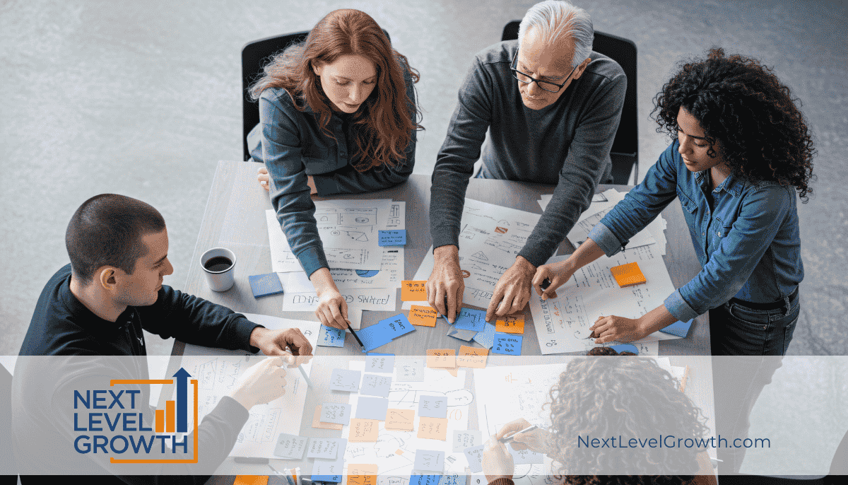 Four people collaborate around a table covered with documents and sticky notes, discussing how to structure it for success and scale your dream. Next Level Growth logo and website appear at the bottom.