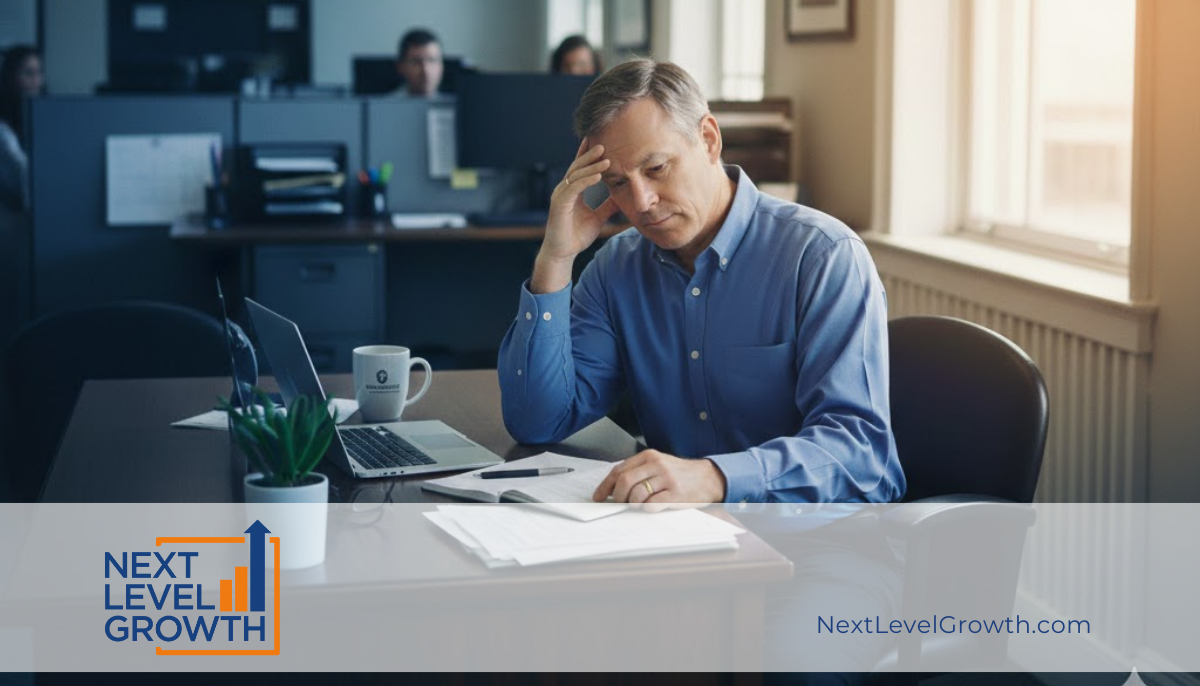Middle-aged entrepreneur in a blue shirt sits at a desk with papers, laptop, and coffee mug, appearing thoughtful about how to get freedom back. Office setting with people working in the background. Next Level Growth logo.