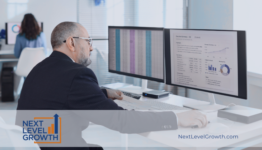 Man in an office suit analyzes charts and graphs on dual monitors at a workstation, demonstrating the skills of a seasoned accountant; Next Level Growth branding appears in the foreground.