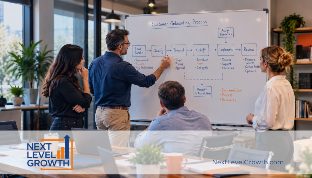 Four people in an office review a “Customer Onboarding Process” whiteboard, focused on workplace efficiency. NEXT LEVEL GROWTH branding appears at the bottom of the image.