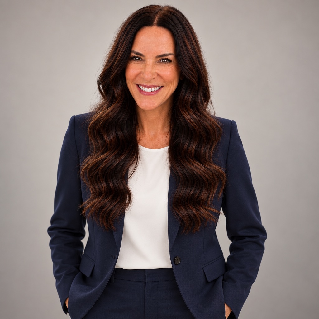 Jessica Finn, Next Level Growth business guide, smiling in a navy blazer over a white top